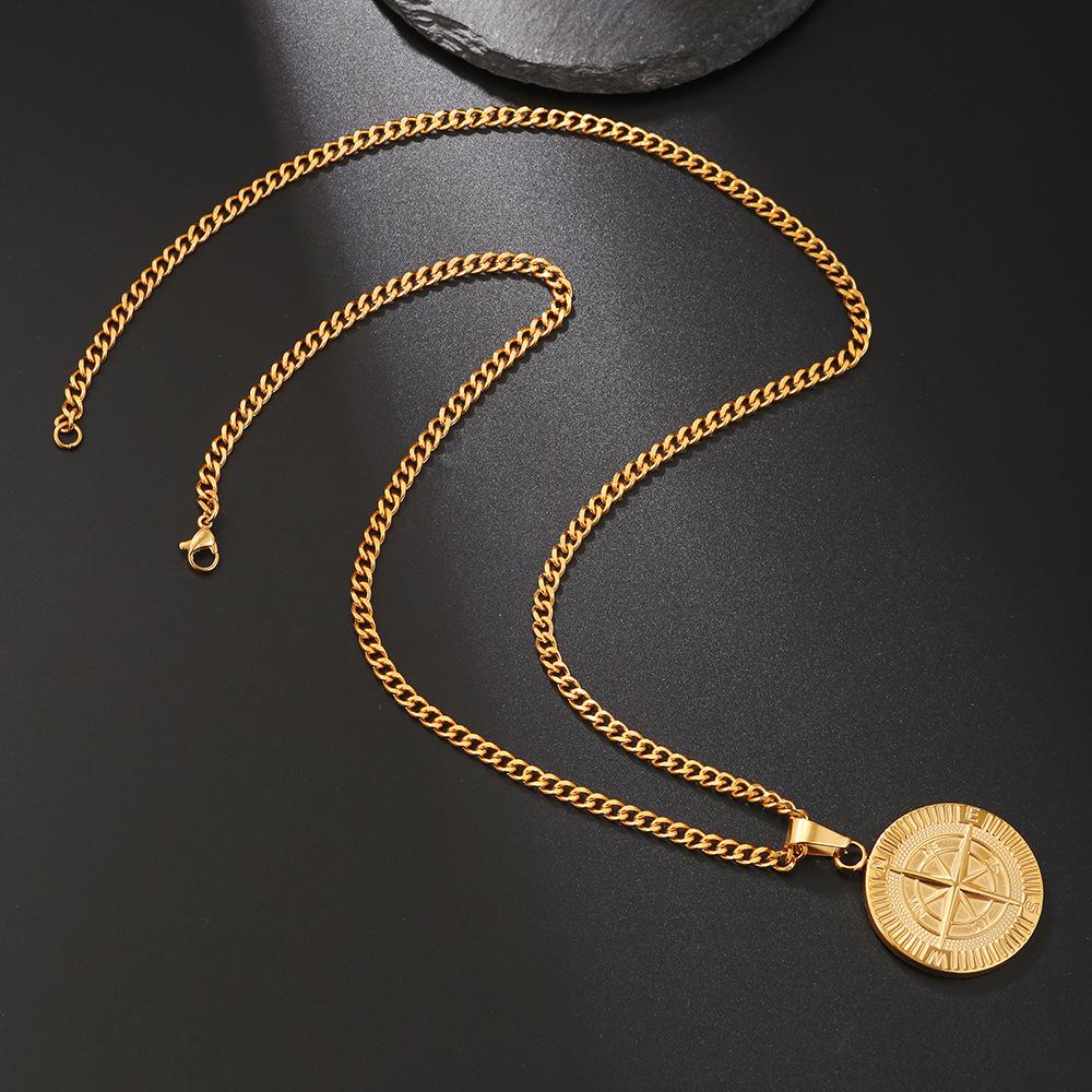 Compass Coin Compass hängsmycke Halsband i rostfritt stål Punk mäns icke-blekande hiphop-halsband