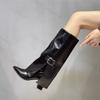 Damen Langstiefel Mode Hohe Absätze Spitze 2026 Designer Kniehohe Lederschuhe Metallschnalle Damen Mujer Botas