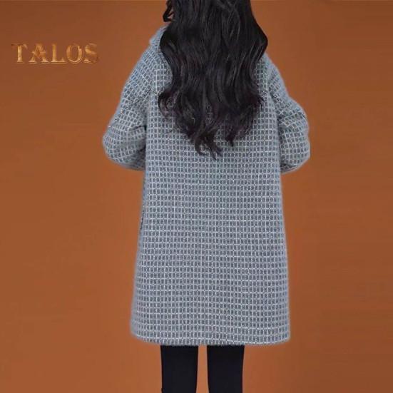 Damen-Wollmantel für Herbst und Winter mit Seitentaschen, Kapuze, einreihig, lockeres Karomuster, mittellang, dick, warm haltender Mantel für Pendeln, Dating, Reisen