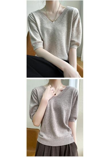 Tricou de bază pentru femei, cu gât în V, tricotaj larg din lână pură, cu mânecă scurtă, din cașmir