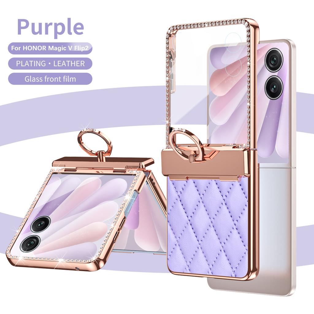 Luxury Fashion Diamonds Leather Plating Ring Holder Phone Case For Honor Magic V Flip 2 Hinge Full Protection V Flip2 Cover