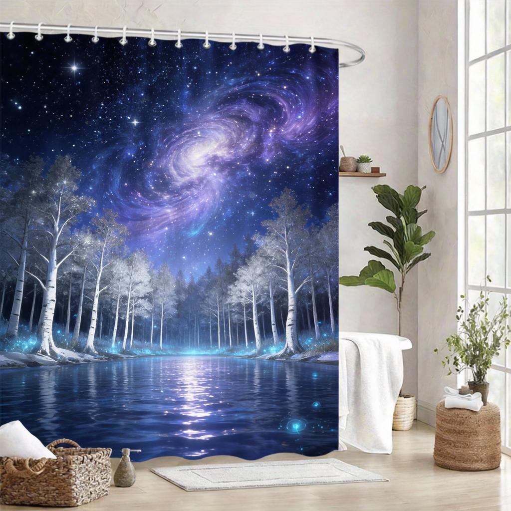 Enchanted Forest Shower Curtain 180X180Cm – Mystical Purple Trees With Glow Path & Stars, Fantasy Bathroom Decor, 12 Hooks