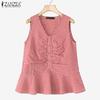 ZANZEA Women Casual V-Neck Summer Plaid Print Tank Tops