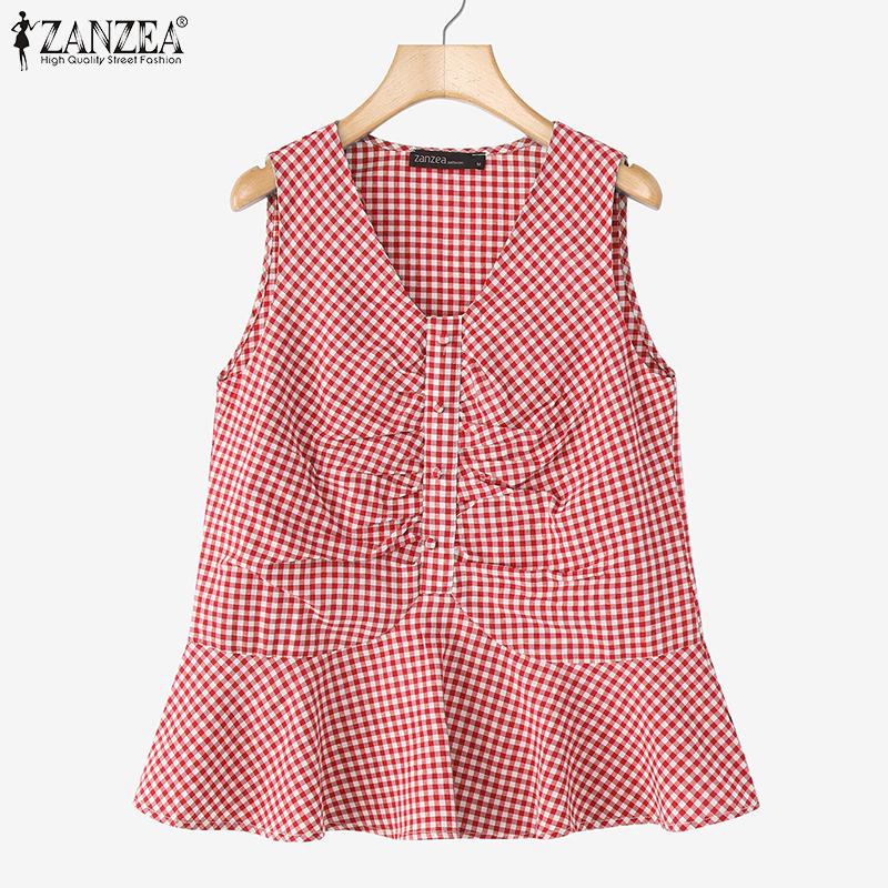 ZANZEA Women Casual V-Neck Summer Plaid Print Tank Tops