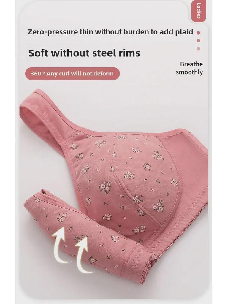 Weicher Baumwoll-BH mit Frontschnalle für Frauen mittleren Alters und ältere Frauen – ohne Stahlring, große Größe, bedruckt, dünnes Westendesign