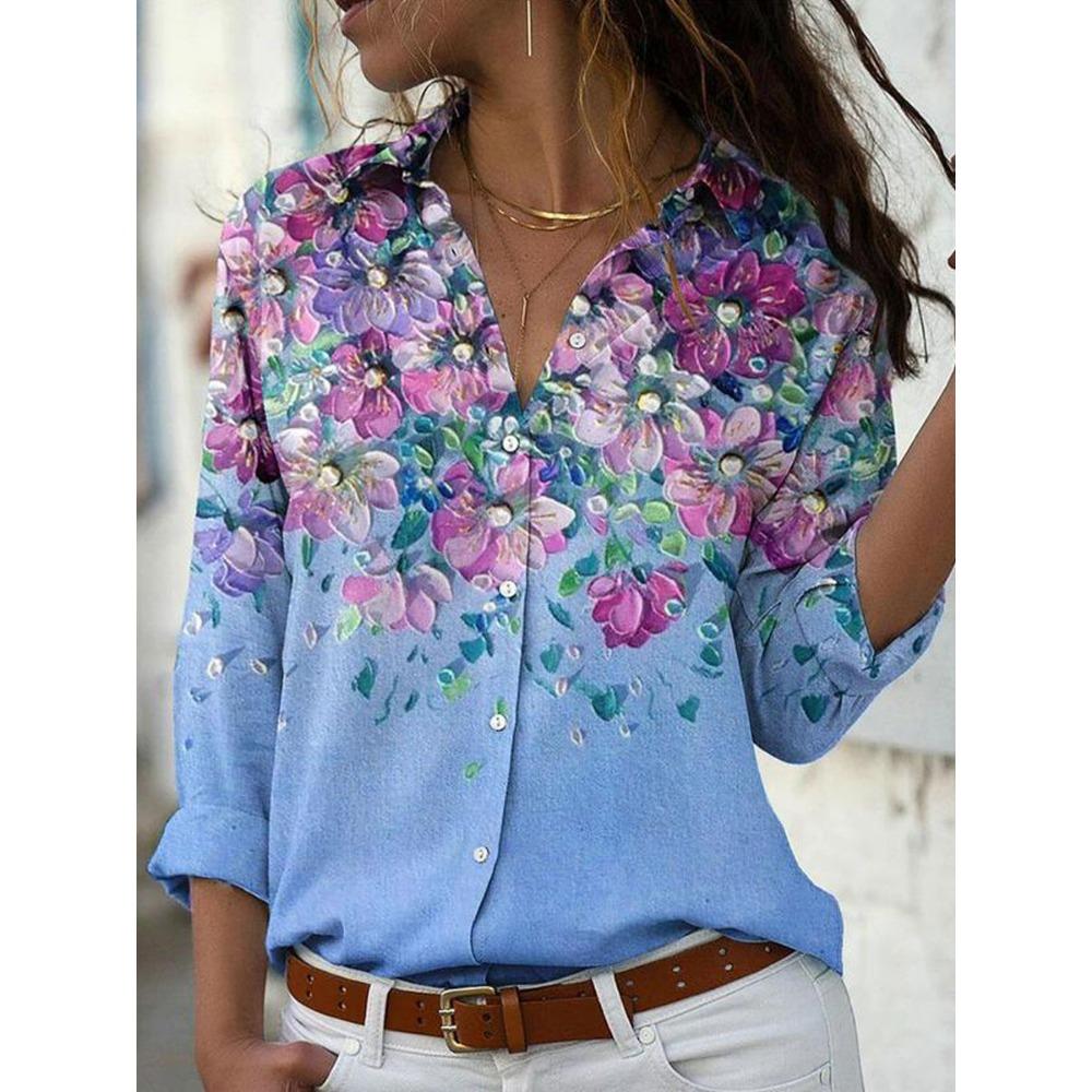 Summer Women's Shirt Flower Graphics Blouse Lapel Neck Blouse Women's Long Sleeve