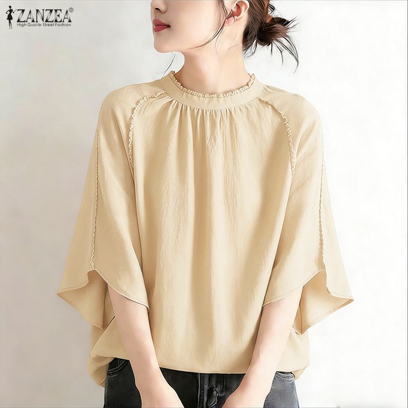 ZANZEA Women Casual Round Neck Solid Color 3/4 Sleeve Blouse