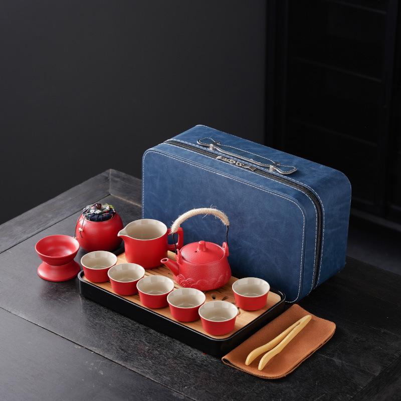 High-End Portable Ceramic Tea Set with Teapot, Teacups, and Tray for Household or Outdoor Use