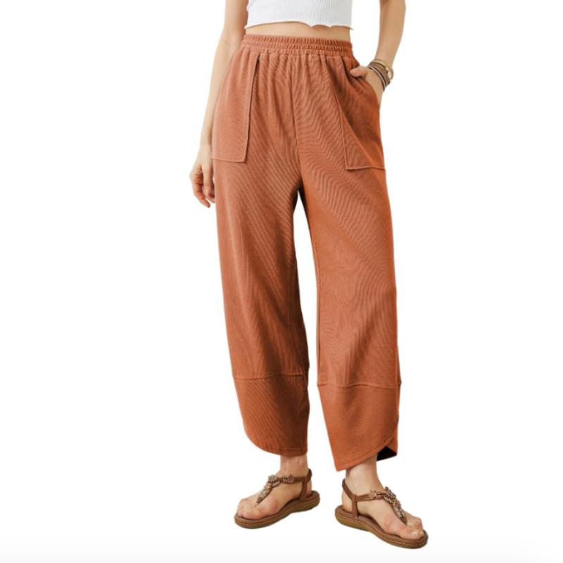 Calças Casuais Femininas de Cintura Elástica com Bolso, Calças Cropped Retas, Calças Harem Soltas, Cor Sólida, Calças Esportivas