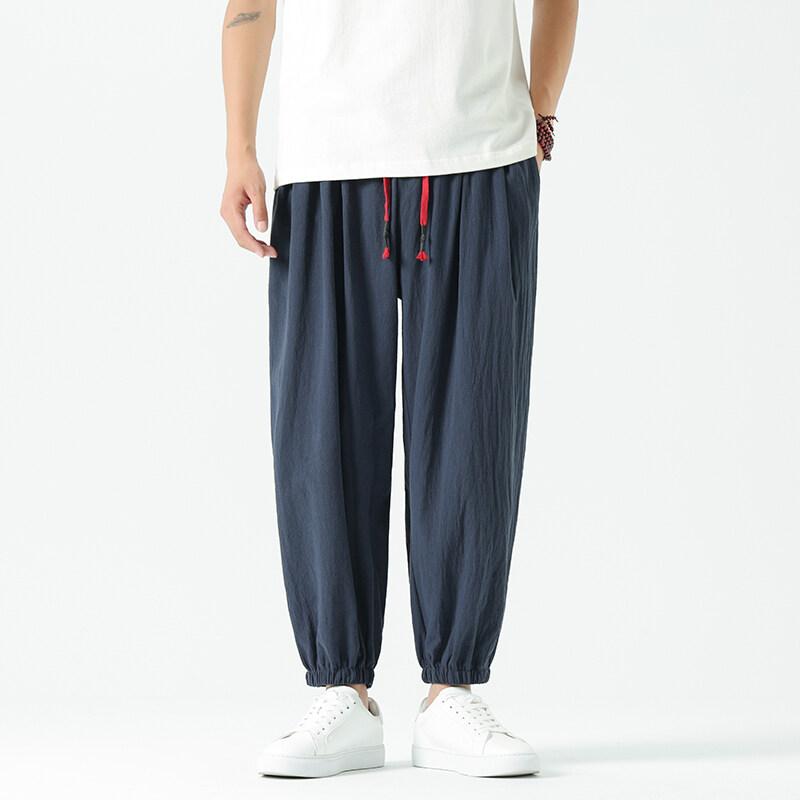 

Spring Summer Men s Hemp Pants Loose Drawstring Lantern Pants Haren Pants Japanese Casual Pants 5XL темно-синього кольору