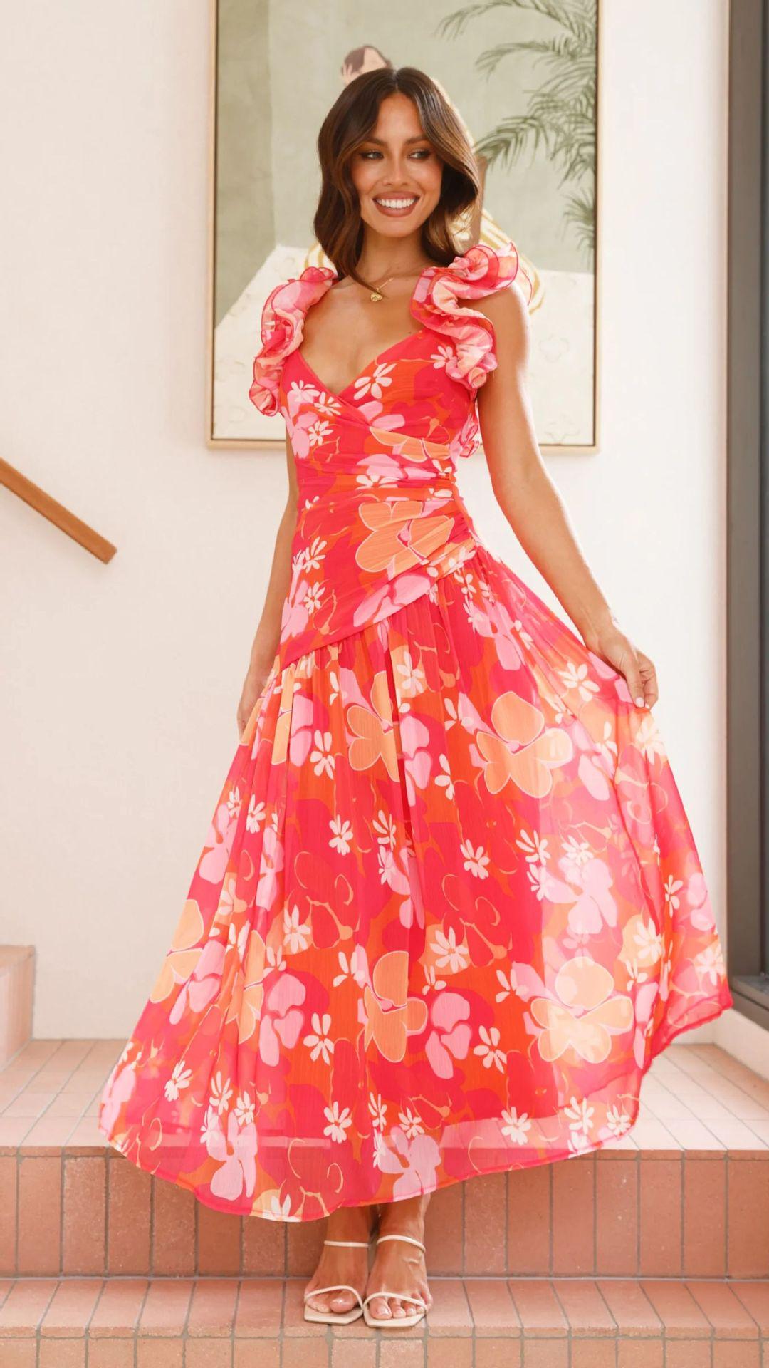 

2026 Summer Asymmetrical V-Neck Women s Dress: European-American Style with Slit, Pleats, and Open Back Large цветочный/красный