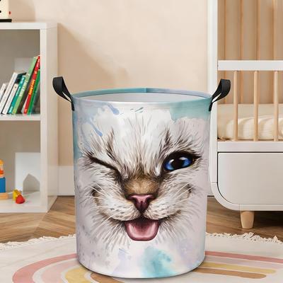 1pc Cute Cat Laundry Basket Hamper with Handle - Foldable Portable Round Clothes Storage Suitable for Laundry Room,, Bedroom, Bathroom - Kitten-Themed