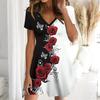 Summer Fashion Women's V Neck Short Sleeve Rose Flower Printed  Dress Sex Short Skirt Dresses