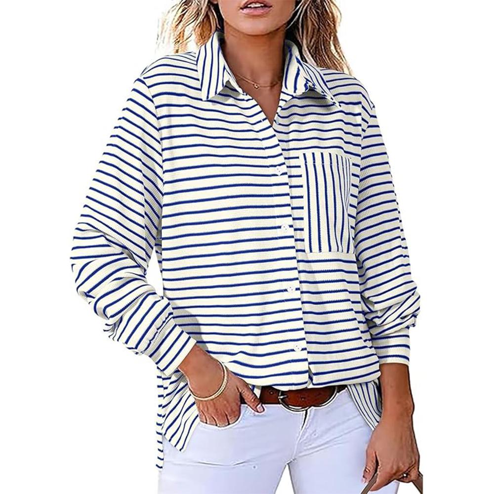 

Women s 2025 Cute Striped Waffle Oversized Stretchy Long Sleeve Shirts Soft Collared V Neck Button Up Blouses Tops S