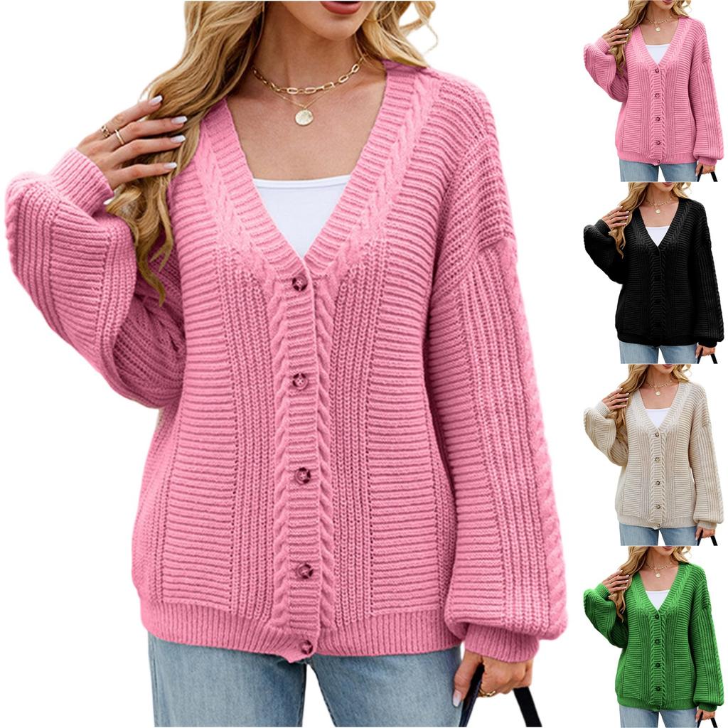 Women's Fashion Solid Color Long Sleeved V-neck Knitted Sweater Cardigan Jacket