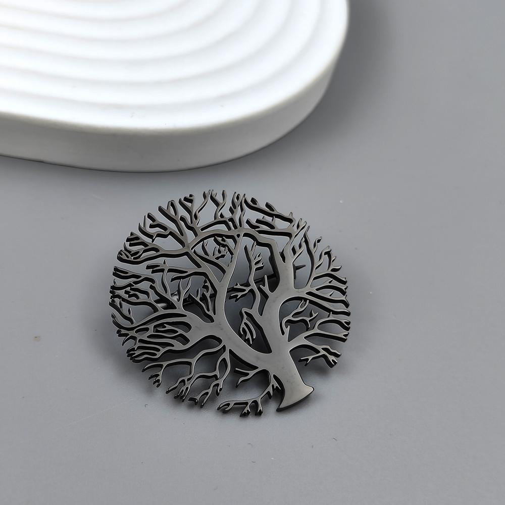 New Round Tree of Life Gold-plated Stainless Steel Brooch, Men's Suit Pin Black, High Quality Father Husband Gift Set