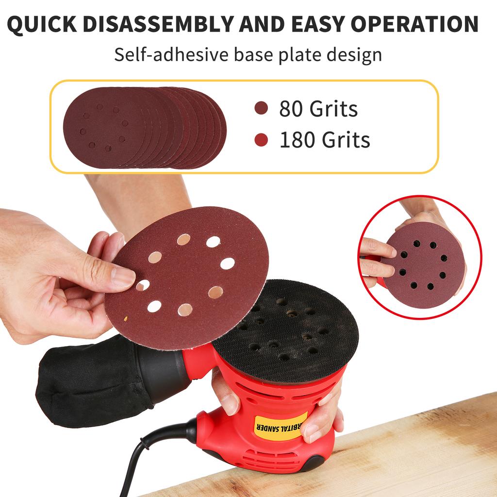 Orbital Sander, 5INCH 125MM 12600RPM  Random Orbital Sander, 12Pcs Sandpapers, Efficient Dust Collector, Idl for  , Sanding Down & ing Wood red