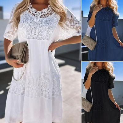 Women Dress Flower Embroidery Lace Patchwork Short Sleeves Crew Neck Solid Color Knee Length Patchwork