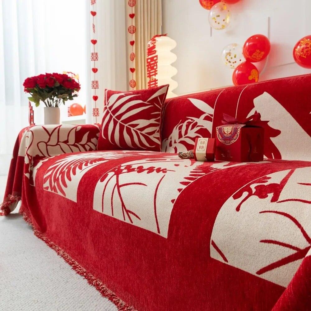 Chinese Wedding Sofa Cushion Cover Double Side Couch Cover Sofa Slipcover Universal Jubilant Anti-cat Sofa Cover 1.2.3.4 Seat