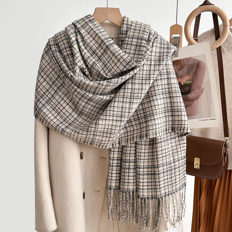 Women's Winter Plaid Imitation Cashmere Tassel Scarf, Thickened Korean Style Neck Warmer