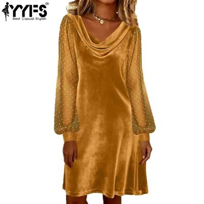 Vestidos casuales de cintura holgada con escote en V y manga larga para primavera y otoño para mujer