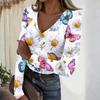 Women's Casual V-Neck Floral Print Long Sleeve Ribbed Top for Everyday Wear