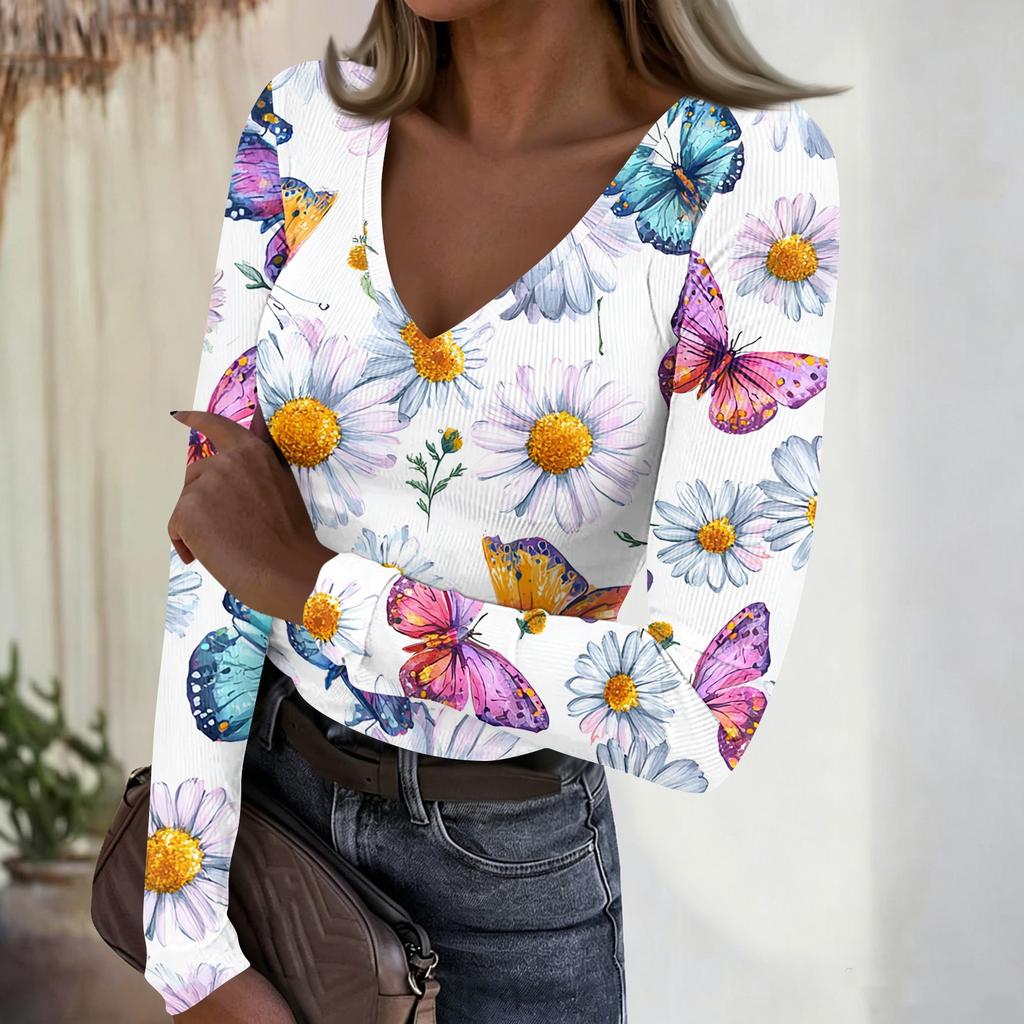 Women's Casual V-Neck Floral Print Long Sleeve Ribbed Top for Everyday Wear
