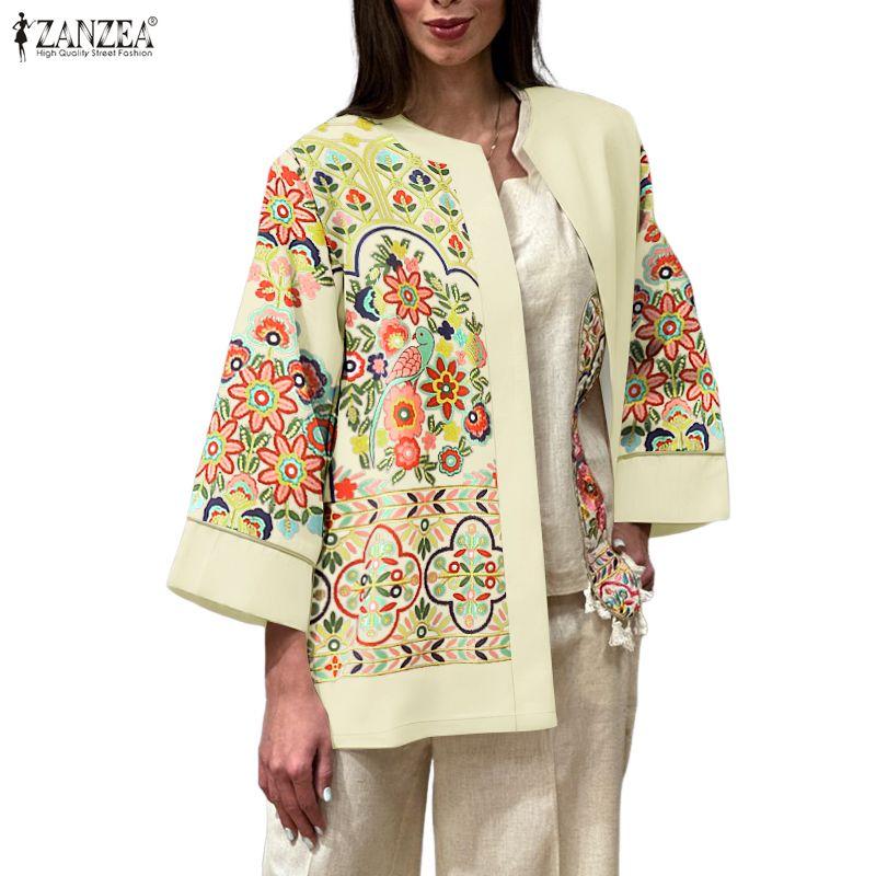 ZANZEA Women Casual Floral Print Loose Long Sleeve Cardigan Blouse