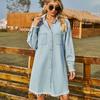GMXIA Ensfarget trykk Høst Vinter Vintage Vask Denim Løs Uformell Langermet Pelsskjørt Kjole for kvinner