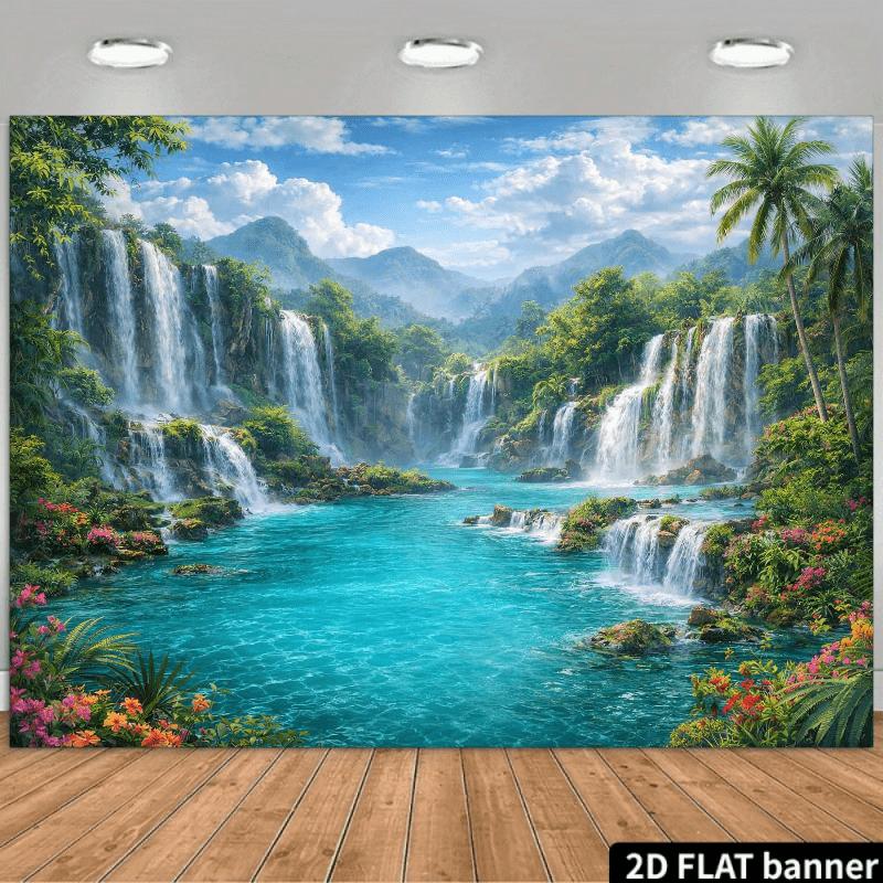 2D plane tropical waterfall landscape background fabric cascading waterfall clear and blue water pool polyester fiber 100x150cm