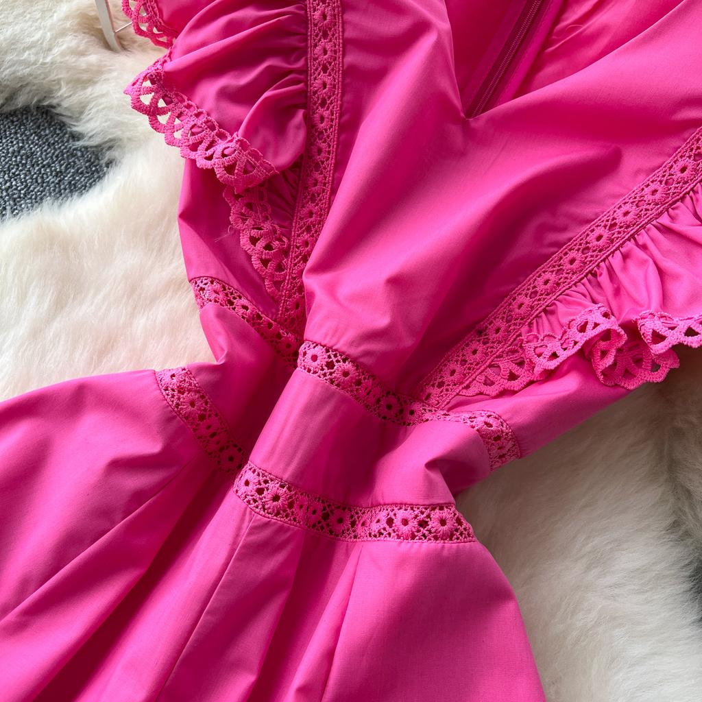 Sommer Damen V-Ausschnitt Schmetterlingsärmel Stickerei Spitze Patchwork Strand Meer Lang Maxi Unregelmäßig Kleider