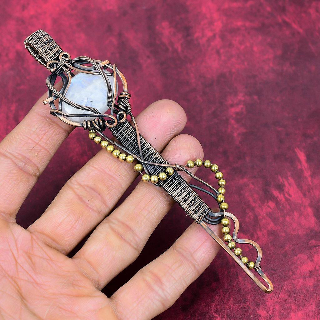 Rainbow Moonstone Pendant Copper Wire Wrapped Key Pendant Genuine Gemstone Pendant Decent Copper Wire Jewelry Handmade Pendant Gifts for Him
