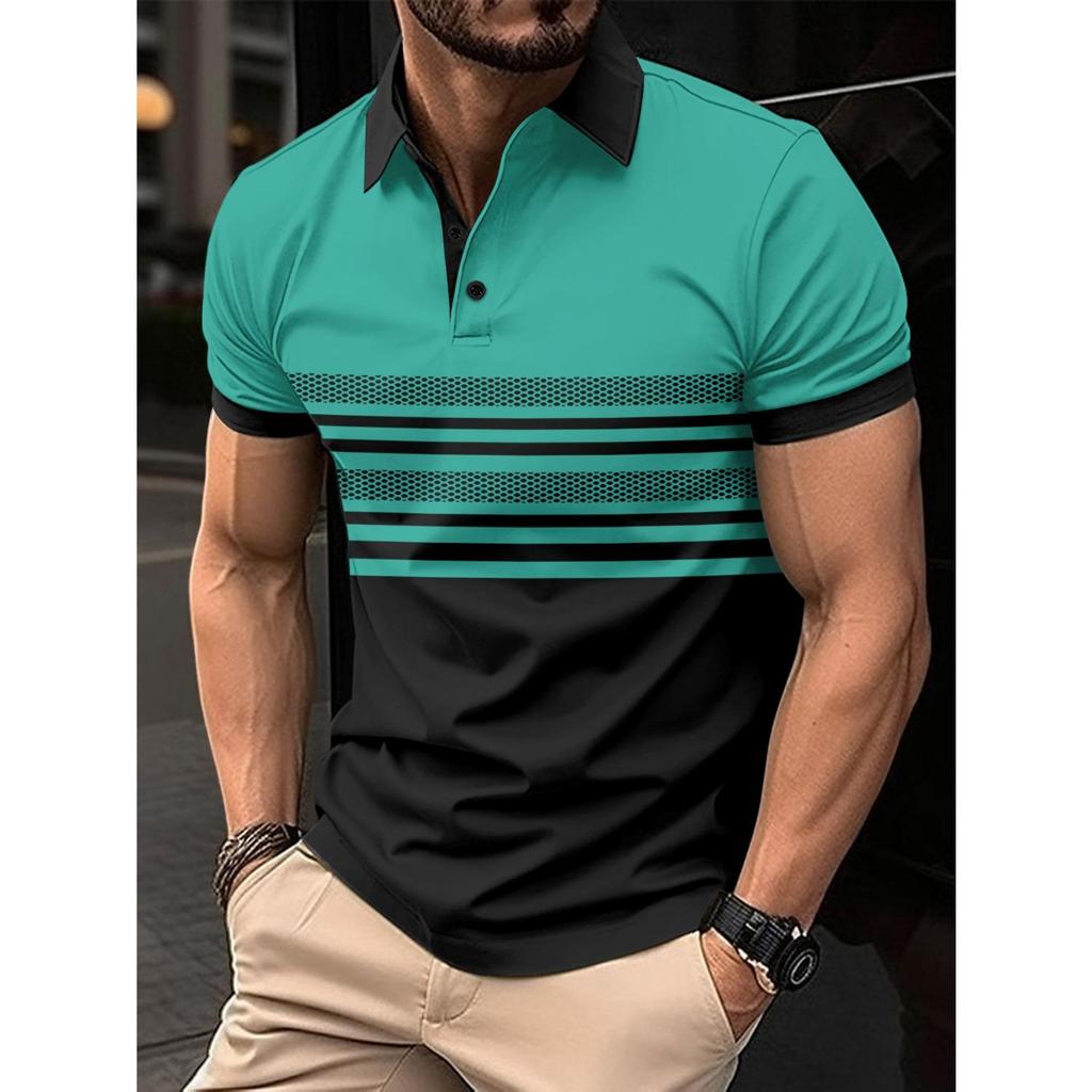 Summer New Men's Daily Sports Casual Stripe Printed Lapel Short Sleeve Pullover Shirt