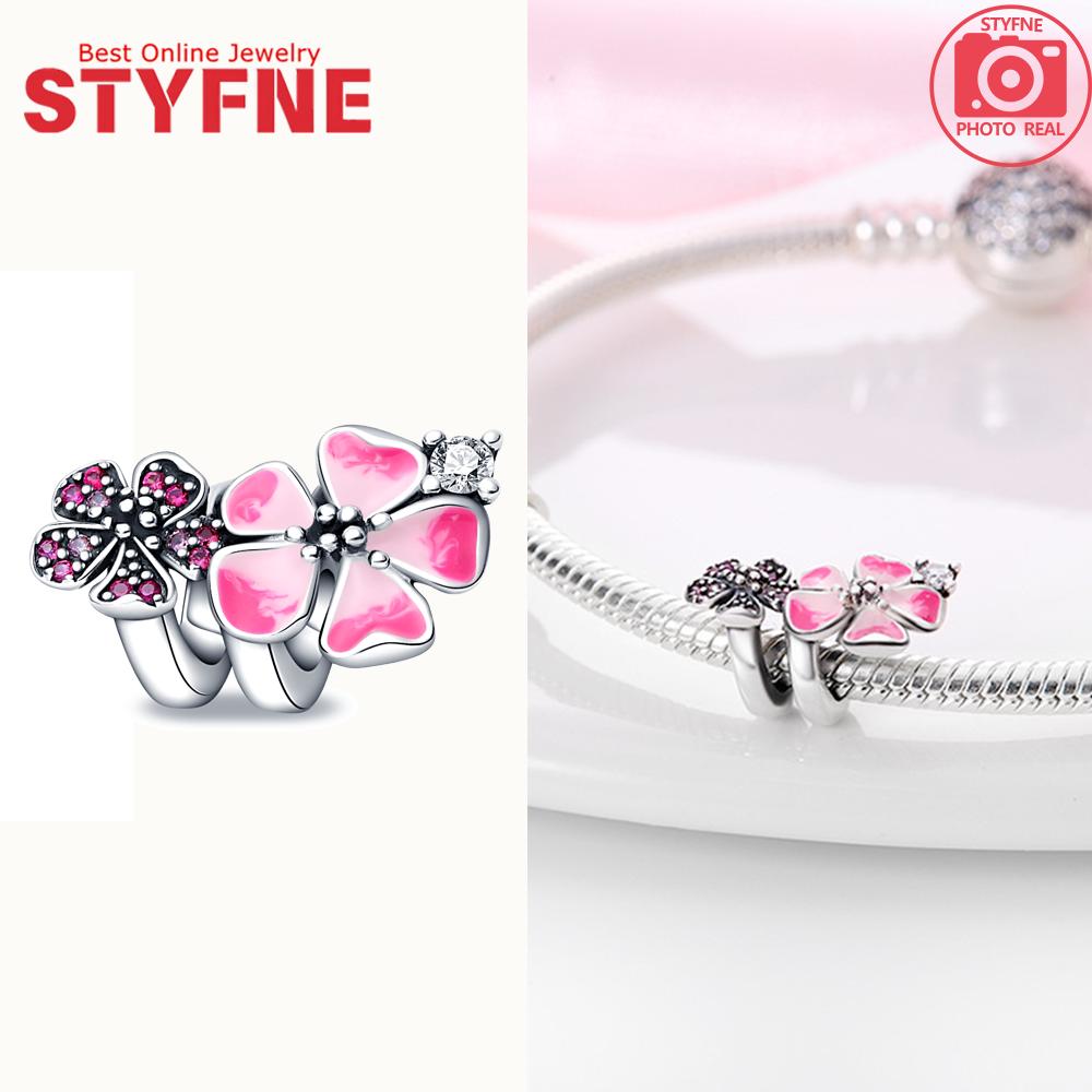 Charms Originalcopper Two Small Pink Flowers Beads Fit Bracelet Jewelry Diy Women Party Gift