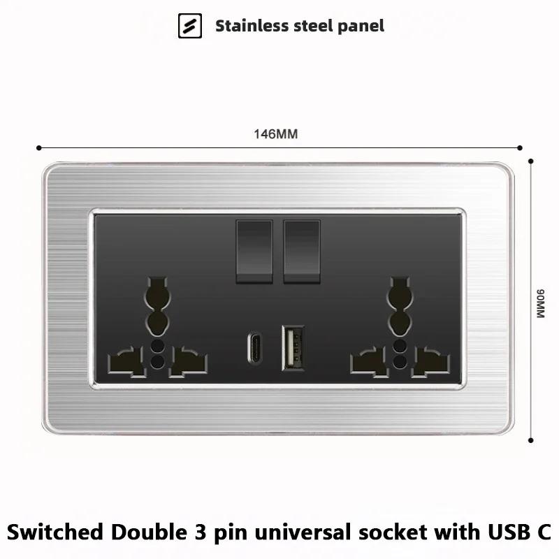 luxury Brushed Stainless Steel Wall Light Switch,Universal 5pin 18W Type-C Quick charging outlet,UK Standard Dual USB Socket