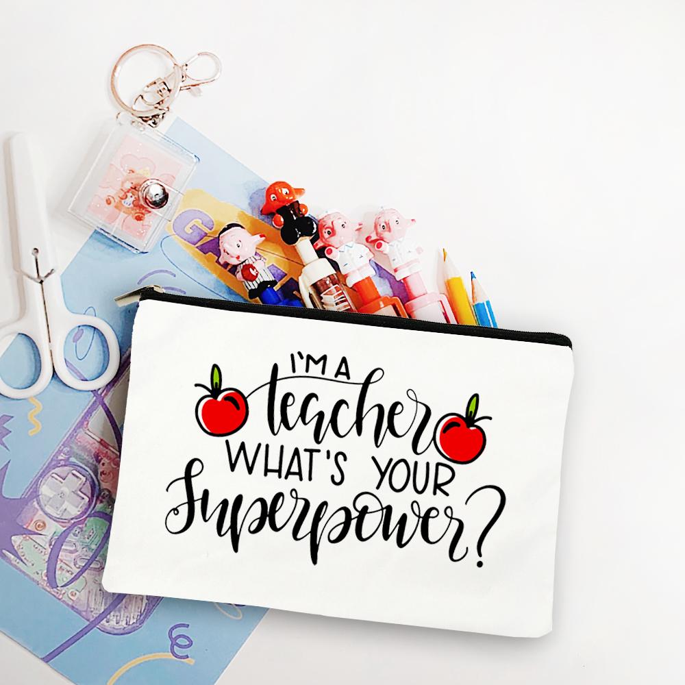 Blessed Teacher Life Leopard Makeup Bags Student White Pencil Pouch Teacher Shopping Handbag Storage Bag Teachers' Day Best Gift