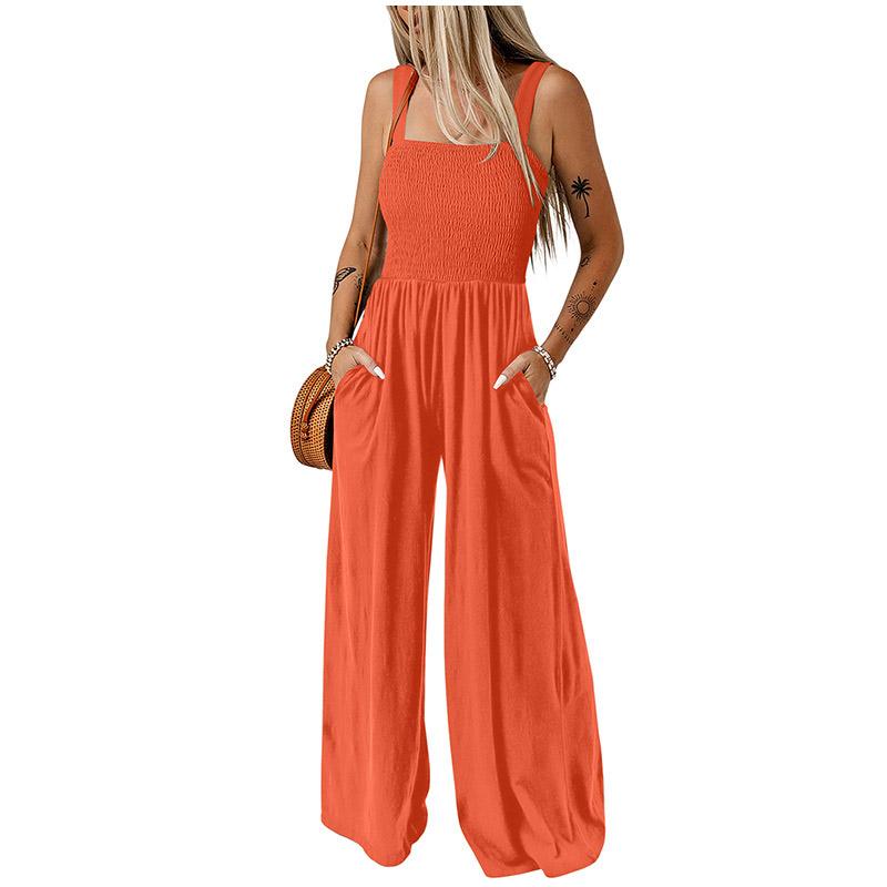 Summer and Autumn Pure Color Women Sexy Suspenders Sleeveless Jumpsuit Wide Leg Pants Office Work Ladies Romper