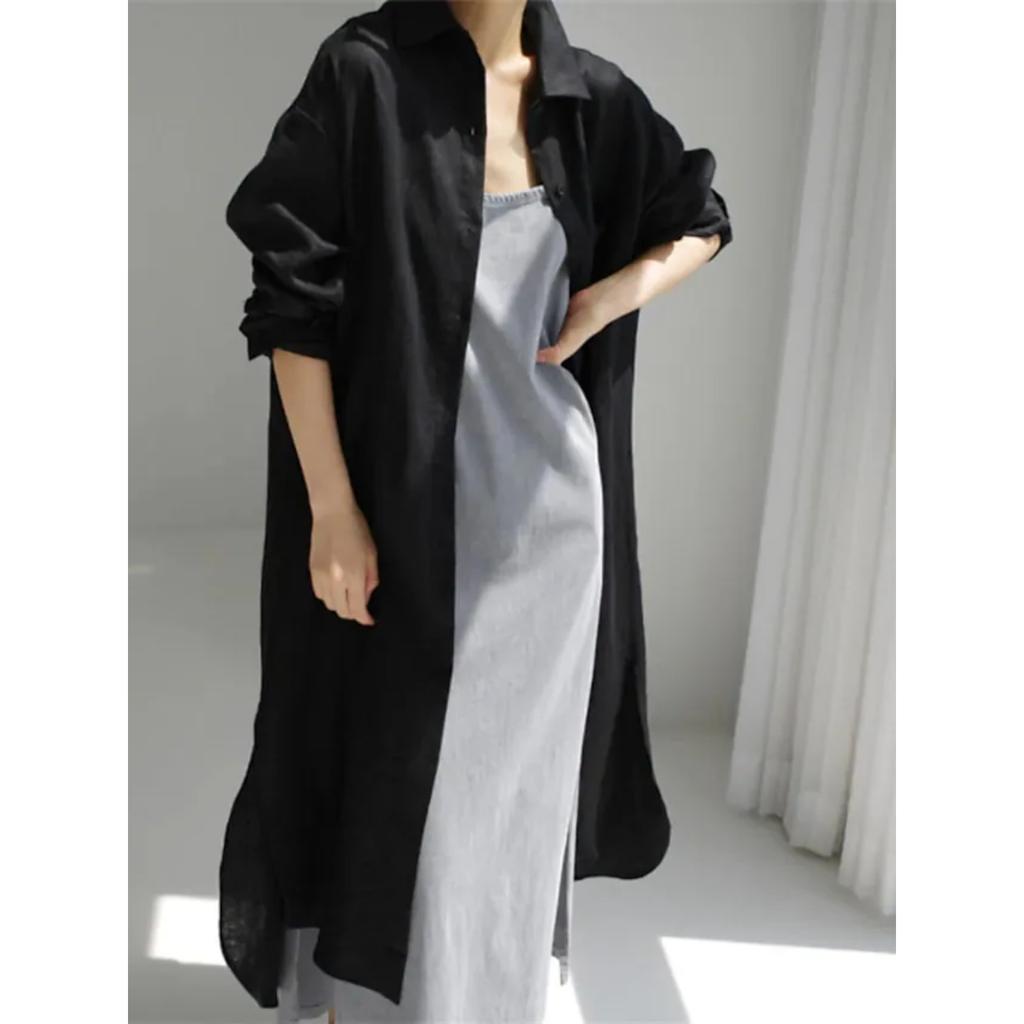 Spring and Summer Cotton and Linen Shirt Skirt Loose Irregular Shirt Cardigan Long Dress