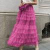 Cake Skirt Elastic High Waist A-Line Skirt Pure Color Multi Layer Ruffle Trim Mesh Hem Midi Skirt Work Leisure Wear