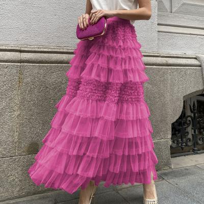 Women Cake Skirt Elastic High Waist A-Line Skirt Multi Layer Ruffle Trim Pure Color Maxi Skirt Work Leisure Daily Wear