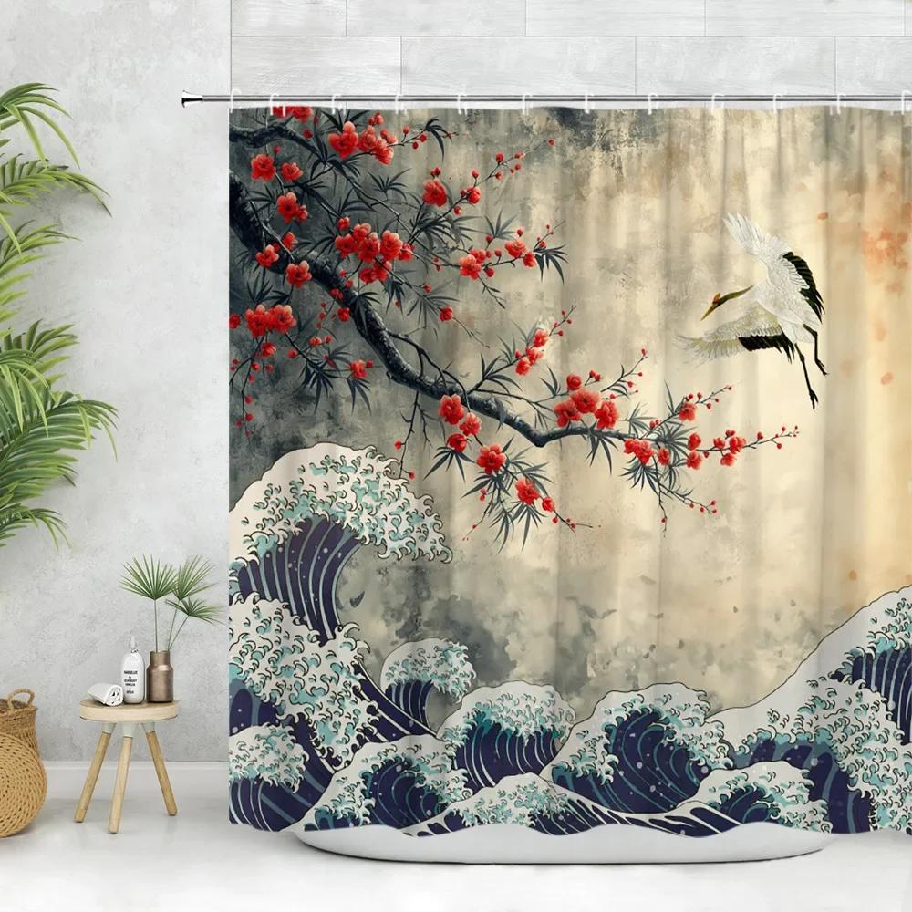 Asian Shower Curtain Ink Painting Crane Cherry Blossoms Japanese Woman Koi Panda Modern Polyester Fabric Bathroom Decor Curtain