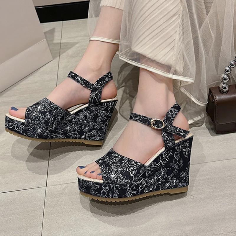 Fashion Vintage Print Wedge Heel Sandals for Women Casual Back Strap Thick Bottom Sandals Woman Summer Anti Slip Open Toe Sandal Female