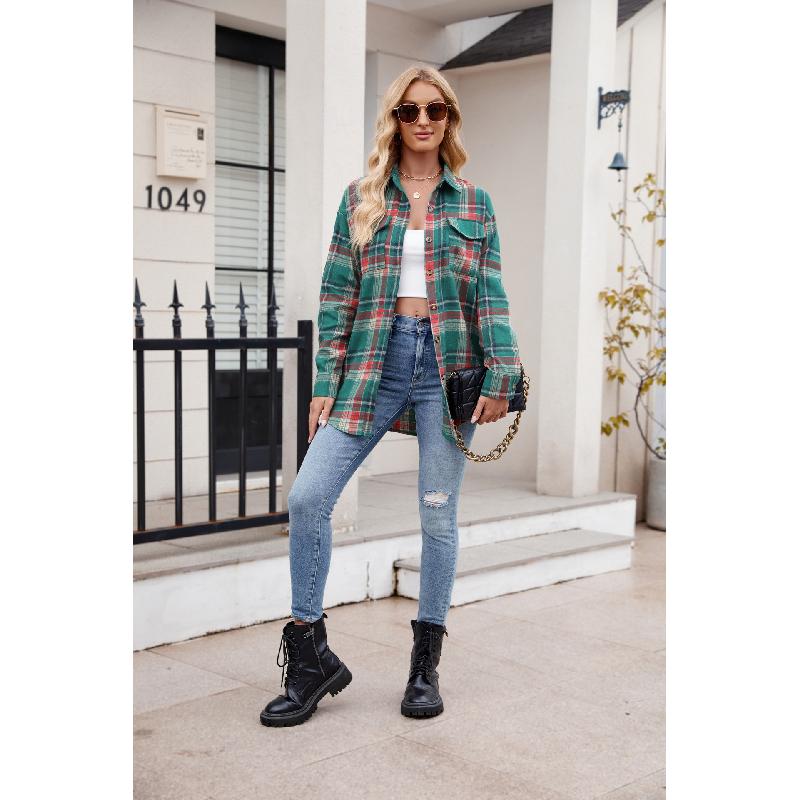 Spring and Autumn Women's New Casual Fashion Loose Plaid Pocket Shirt Jacket