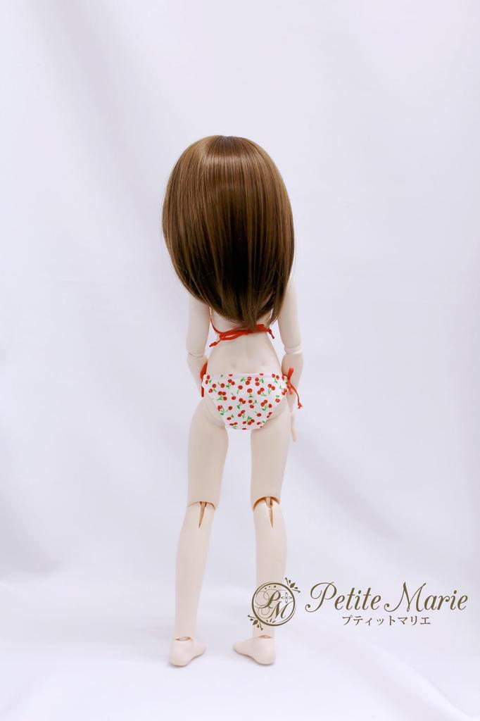 [Petite Marie] 13 MDD (S-L göğüs) uyumlu, yumuşak dokunuşlu, kiraz desenli bikini mayo, kırmızı kiraz, beyaz zemin, 40cm bebek, BJD bebek kıyafetleri