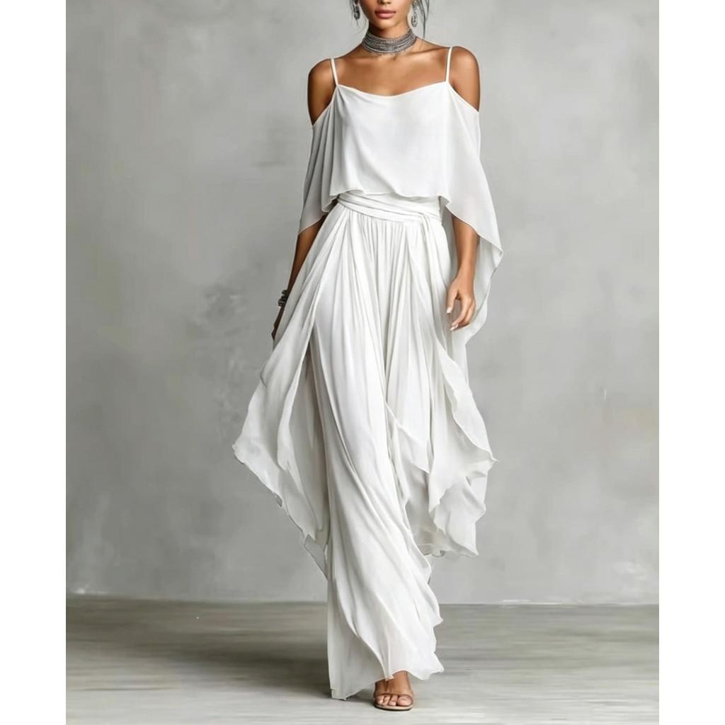 Women's Loose Fit Two Piece Outfit Set Off Shoulder 3/4 Sleeve Top High Waist Wide Leg Pants