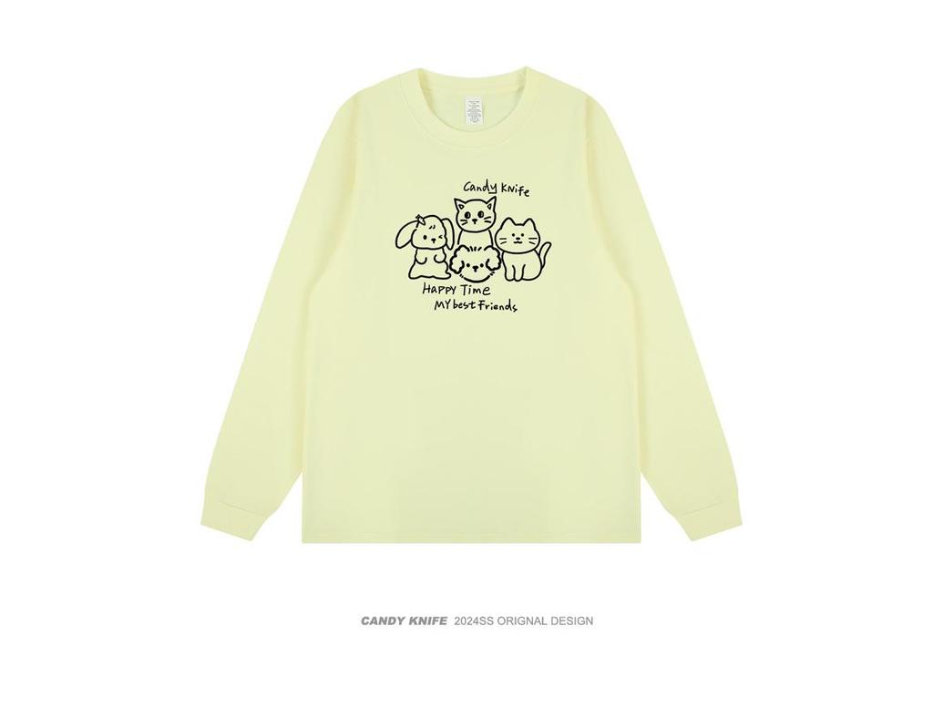 Adorable Cartoon Kitten Korean Cuffed Long Sleeve T-Shirt - Trendy Autumn/Winter Versatile Top