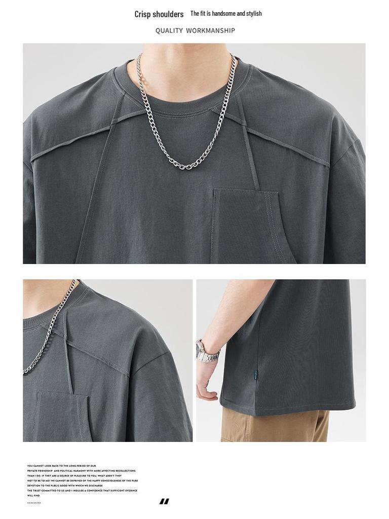 Tricou de vară cu mânecă scurtă, negru, cu inserții, pentru bărbați An Yang: Design Nișă Culoare Solidă