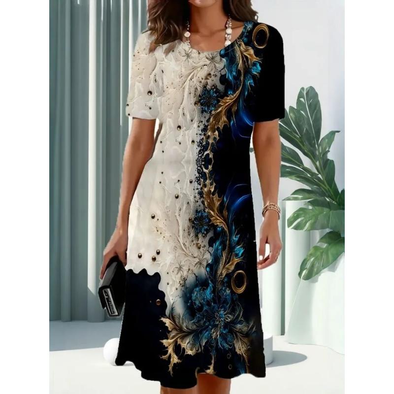 Fashionable Women s Round-neck Dress3D Casual Color Print Casual Dress S