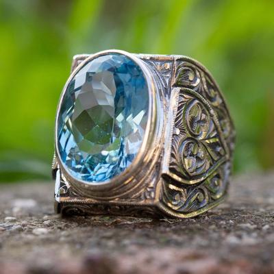 He Cheng Men's Vintage Style Blue Turquoise Gem Carved Ring
