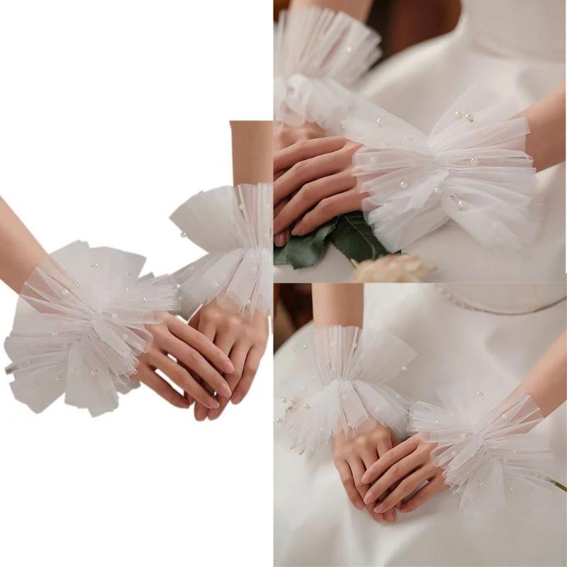2 Stück Weiße Spitze und Perlen Fingerlose Übersärmel Modische Elegante Ärmel für Besondere Anlässe
